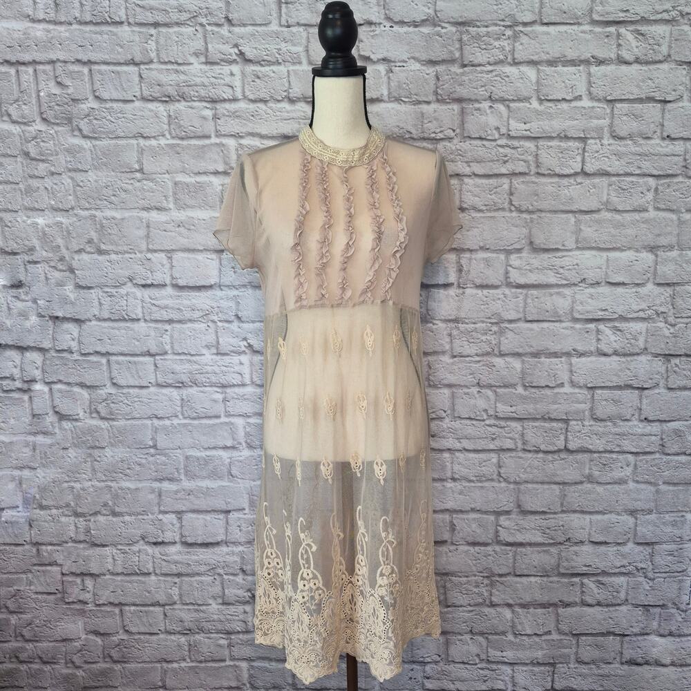 Rinascimento Beige Sheer Mesh Lace Embroidered Ruffle Mock Neck Midi Dress - Picture 2 of 10